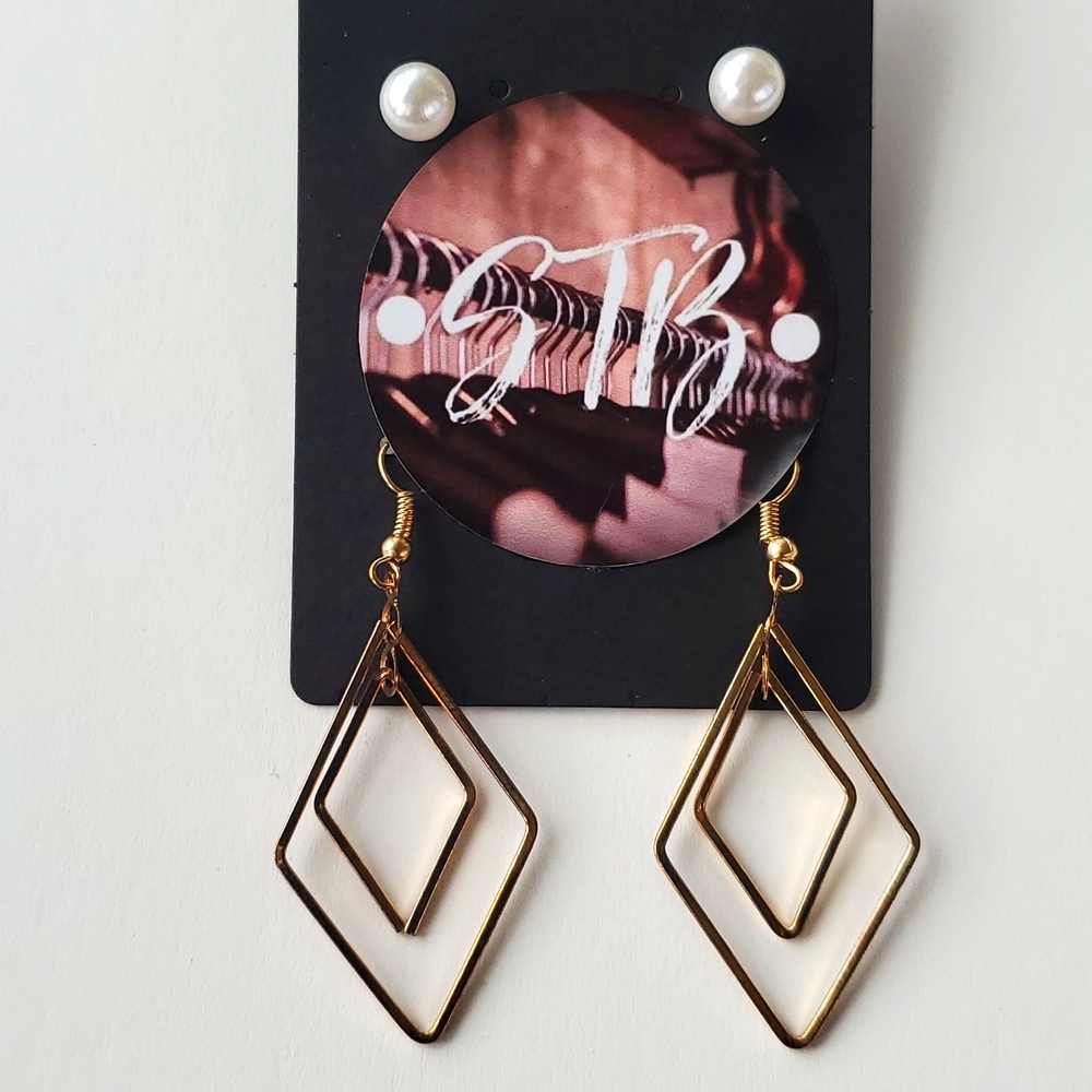 Boutique Two Pair Faux Pearl Studs and Dangle Drop Gold Tone Diamond Earrings